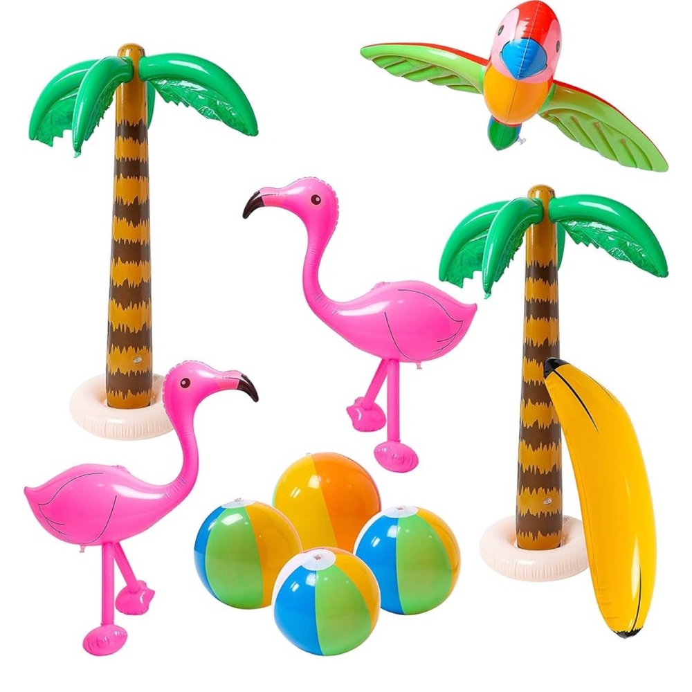 Tropical Inflatable Kids Toy Set - Pink Flamingo, Green Palm Trees, and More